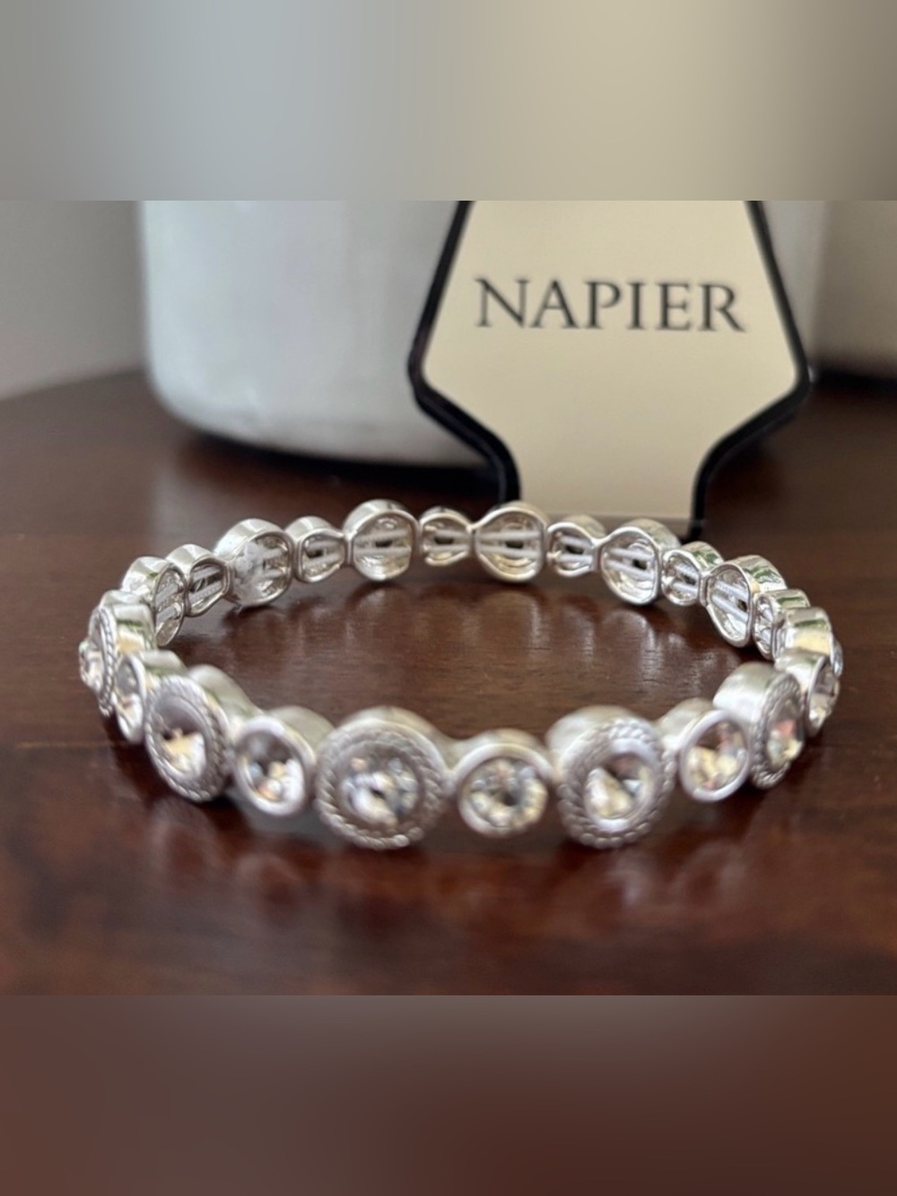 Napier Silvertone Stretch,round clear acrylic bezel stones,elegant,classic